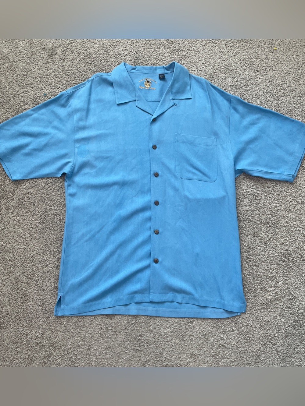 Eagle Dry Goods Mens XL Light Blue 100% Silk Busch Light Camp Shirt Herringbone